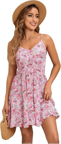 SweatyRocks Women's Boho Floral Print Spaghetti Strap Cami Dress Casual Flare Short Dresses in Kuwait
