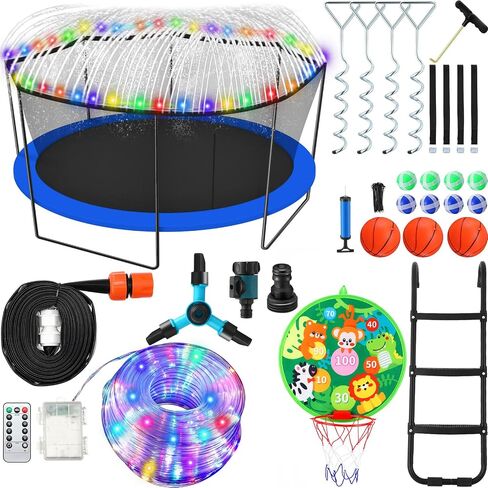 Trampoline Accessories Kit, 3 Step Trampoline Steps 72ft 200 LED Trampoline Lights 4 Trampoline Stakes with 4 Belt, T Hooks, 39.4ft Trampoline Sprinkler Trampoline Basketball Hoop Dartboard in Saudi Arabia