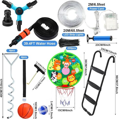 Trampoline Accessories Kit, 3 Step Trampoline Steps 72ft 200 LED Trampoline Lights 4 Trampoline Stakes with 4 Belt, T Hooks, 39.4ft Trampoline Sprinkler Trampoline Basketball Hoop Dartboard in Saudi Arabia