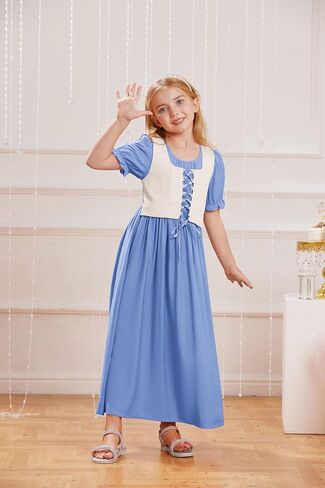 فستان فتاة عصر النهضة القرمزي داكن بأكمام منتفخة فستان طويل فستان فتاة الزهور مقاس 7-14 in Kuwait