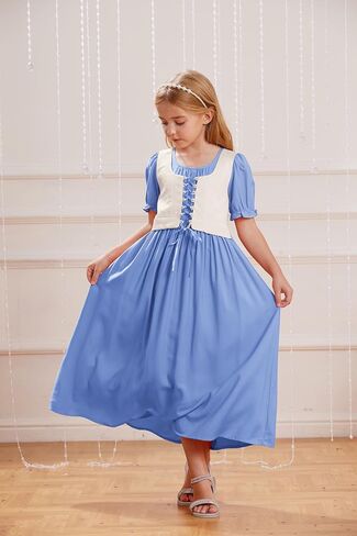 فستان فتاة عصر النهضة القرمزي داكن بأكمام منتفخة فستان طويل فستان فتاة الزهور مقاس 7-14 in Kuwait