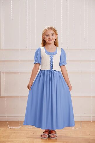 فستان فتاة عصر النهضة القرمزي داكن بأكمام منتفخة فستان طويل فستان فتاة الزهور مقاس 7-14 in Kuwait