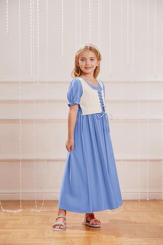 فستان فتاة عصر النهضة القرمزي داكن بأكمام منتفخة فستان طويل فستان فتاة الزهور مقاس 7-14 in Kuwait