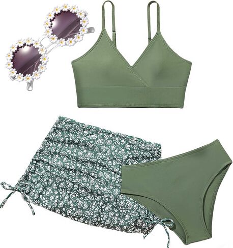 Girls Swimsuit, 3 Piece Bathing Suits V-Neck Ruffle Floral Bikini Set with Skirt Sunglasses Cute Teen Kids Swimwear 8-15T in Saudi Arabia