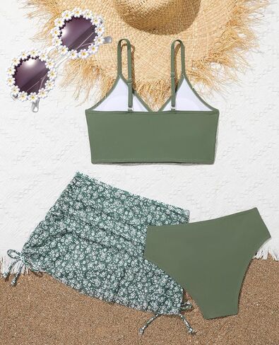 Girls Swimsuit, 3 Piece Bathing Suits V-Neck Ruffle Floral Bikini Set with Skirt Sunglasses Cute Teen Kids Swimwear 8-15T in Saudi Arabia