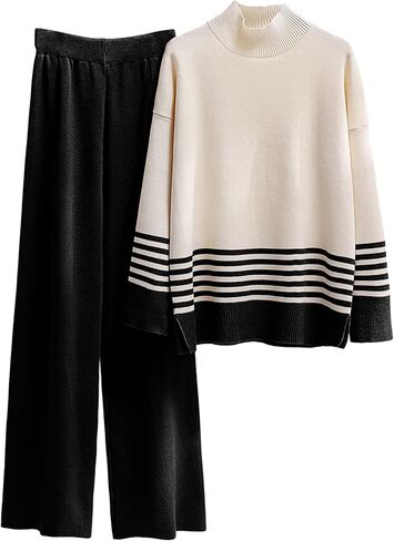 Women's 2 Piece Outfits Sweatsuit Knit Striped Pullover Top Wide Leg Pants Tracksuit Lounge Sets in Kuwait