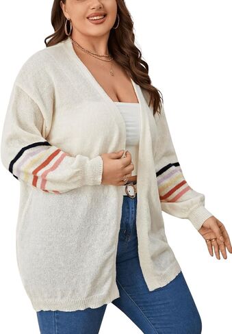 MakeMeChic Women's Plus Size Striped Open Front Long Sleeve Drop Shoulder Casual Loose Cardigan Sweater Tops in Saudi Arabia
