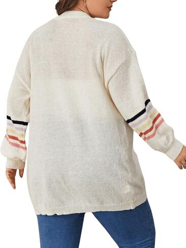 MakeMeChic Women's Plus Size Striped Open Front Long Sleeve Drop Shoulder Casual Loose Cardigan Sweater Tops in Saudi Arabia