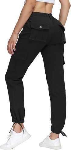 Cargo Pants for Women Elastic Waist Casual Jogger Pants with 6 Pockets for Hiking Black L in Saudi Arabia