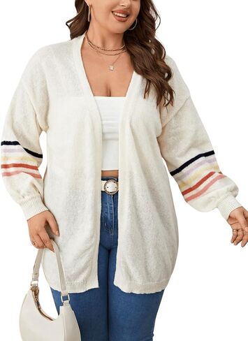 MakeMeChic Women's Plus Size Striped Open Front Long Sleeve Drop Shoulder Casual Loose Cardigan Sweater Tops in Saudi Arabia