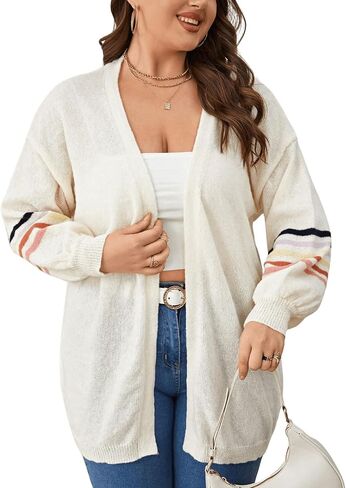MakeMeChic Women's Plus Size Striped Open Front Long Sleeve Drop Shoulder Casual Loose Cardigan Sweater Tops in Saudi Arabia