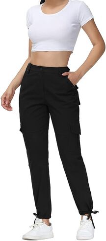 Cargo Pants for Women Elastic Waist Casual Jogger Pants with 6 Pockets for Hiking Black L in Saudi Arabia