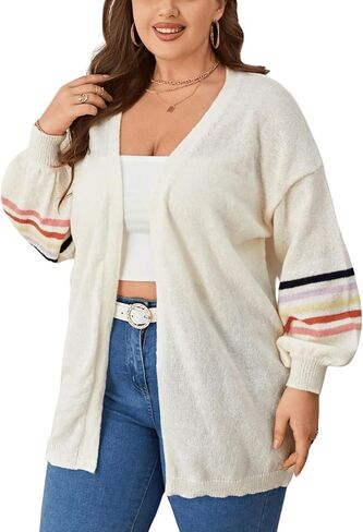 MakeMeChic Women's Plus Size Striped Open Front Long Sleeve Drop Shoulder Casual Loose Cardigan Sweater Tops in Saudi Arabia