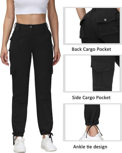 Cargo Pants for Women Elastic Waist Casual Jogger Pants with 6 Pockets for Hiking Black L in Saudi Arabia