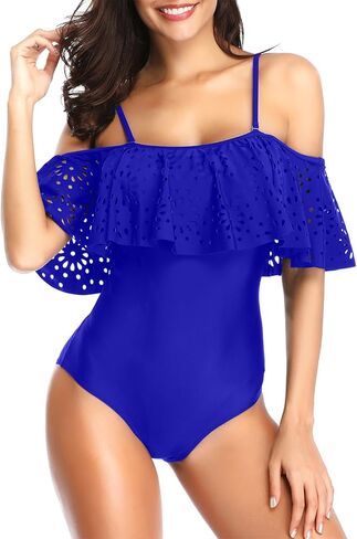 Tempt Me Women One Piece Off Shoulder Lace Swimsuits Ruffle Flounce Hollow Bathing Suits in Kuwait