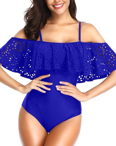Tempt Me Women One Piece Off Shoulder Lace Swimsuits Ruffle Flounce Hollow Bathing Suits in Kuwait