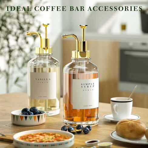 Coffee Syrup Dispenser for Coffee Bar Accessories，Coffee Pump Dispenser, Glass Syrup Bottle with Gold Pumps and 42 Labels, 16.9 oz 500 ml (6 Pack) in Saudi Arabia