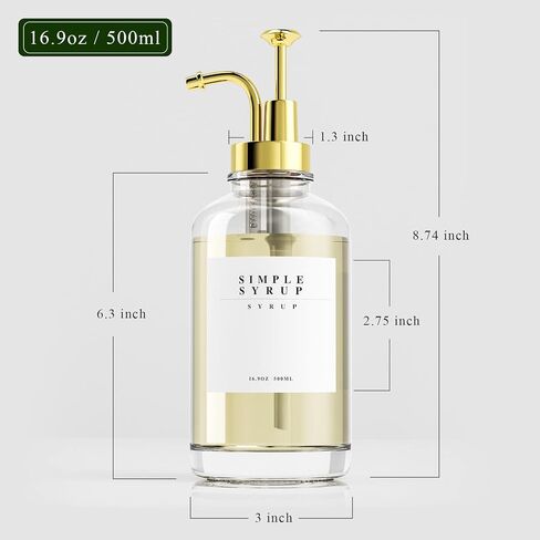 Coffee Syrup Dispenser for Coffee Bar Accessories，Coffee Pump Dispenser, Glass Syrup Bottle with Gold Pumps and 42 Labels, 16.9 oz 500 ml (6 Pack) in Saudi Arabia