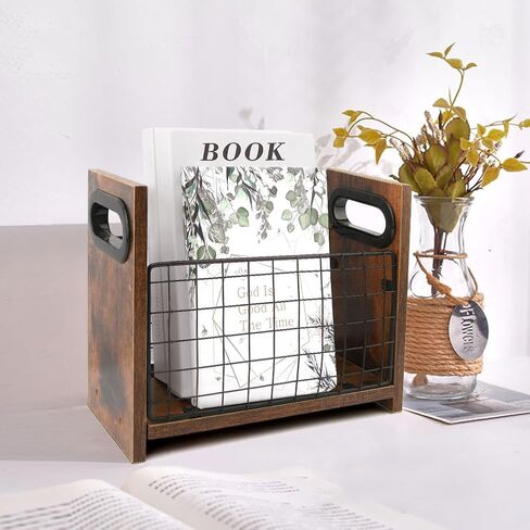 حامل مجلات، رف مجلات حديدي خشبي، سلة مجلات المزرعة بمقبض، صندوق تخزين حامل الملفات للحروف والكتب والصحف (الحجم: 11.42 × 4.72 × 9.06 بوصة) in Kuwait