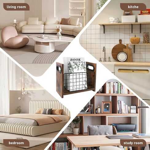 حامل مجلات، رف مجلات حديدي خشبي، سلة مجلات المزرعة بمقبض، صندوق تخزين حامل الملفات للحروف والكتب والصحف (الحجم: 11.42 × 4.72 × 9.06 بوصة) in Kuwait