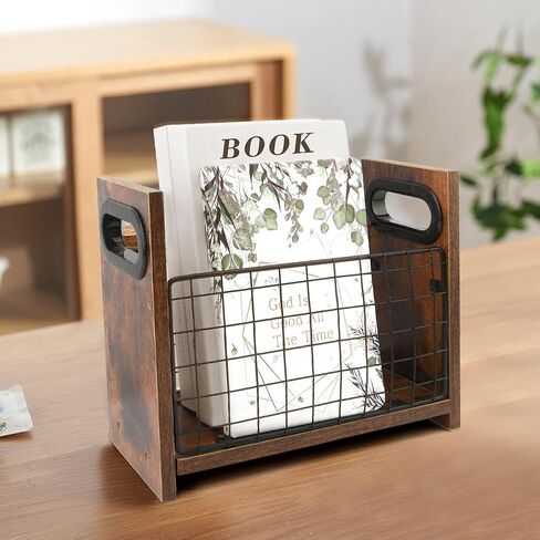 حامل مجلات، رف مجلات حديدي خشبي، سلة مجلات المزرعة بمقبض، صندوق تخزين حامل الملفات للحروف والكتب والصحف (الحجم: 11.42 × 4.72 × 9.06 بوصة) in Kuwait
