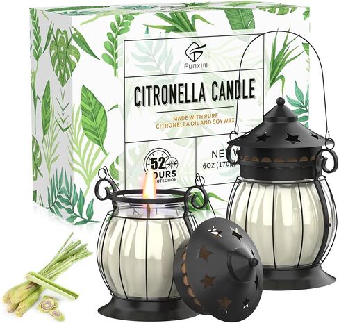 Citronella Candles Outdoor, 2 x 6oz Scented Candles with Vintage Metal Lantern Holder, Natural Citronella Soy Wax Candles, Lemongrass Candles for Patio, Garden, and Camping - Gifts for Women in Saudi Arabia