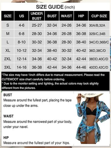 CUTEMOOT Women's 3 Piece Swimsuits Tropical Push Up Bikini Sets Beach Long Sleeve Bathing Suits with Kimono Cover Up in Saudi Arabia