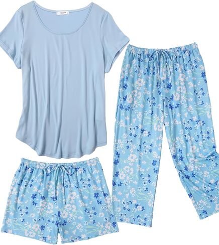 Ekouaer 3 PCS Capri Pajamas for Women Set Short Sleeve Pajama Sets Floral Pj Sets Soft Sleepwear with Pockets in Kuwait