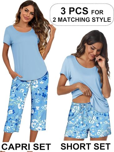 Ekouaer 3 PCS Capri Pajamas for Women Set Short Sleeve Pajama Sets Floral Pj Sets Soft Sleepwear with Pockets in Kuwait
