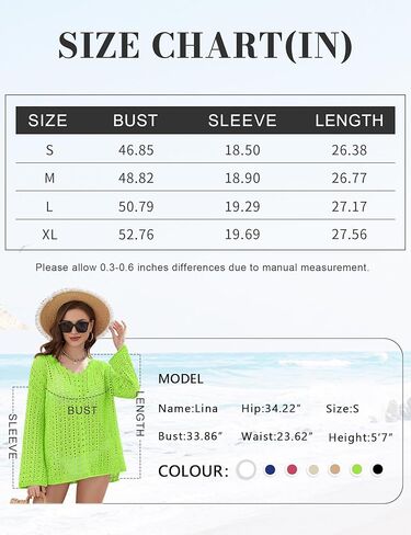 غطاء بدلة استحمام شبكي برقبة على شكل حرف V من Ivicoer للنساء بأكمام واسعة وتغطية للشاطئ مقاس S-XL in Kuwait