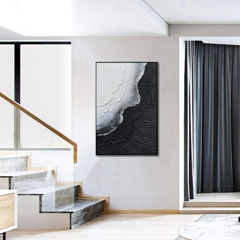 Slyart Handmade Black and White Canvas Wall Art Black Aluminum Alloy Framed Modern Abstract Sea Wave Paintings on Canvas Quartz Sand Texture Artwork for Living Room Bedroom Wall Decor in Saudi Arabia