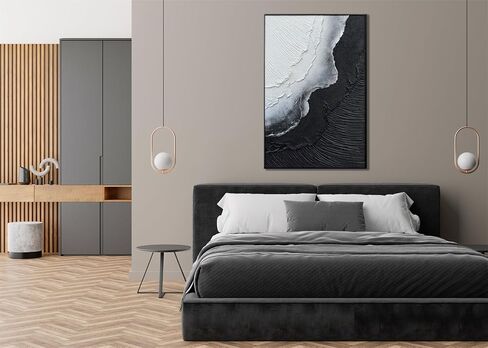 Slyart Handmade Black and White Canvas Wall Art Black Aluminum Alloy Framed Modern Abstract Sea Wave Paintings on Canvas Quartz Sand Texture Artwork for Living Room Bedroom Wall Decor in Saudi Arabia