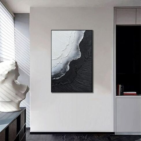 Slyart Handmade Black and White Canvas Wall Art Black Aluminum Alloy Framed Modern Abstract Sea Wave Paintings on Canvas Quartz Sand Texture Artwork for Living Room Bedroom Wall Decor in Saudi Arabia