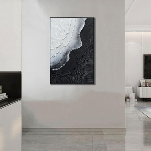 Slyart Handmade Black and White Canvas Wall Art Black Aluminum Alloy Framed Modern Abstract Sea Wave Paintings on Canvas Quartz Sand Texture Artwork for Living Room Bedroom Wall Decor in Saudi Arabia