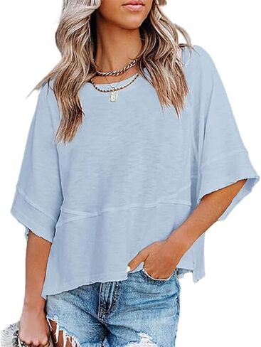 Women's Fashion Casual T Shirt Round Collar 3/4 Sleeve Plain Color Tees Summer Tops Blouses in Saudi Arabia