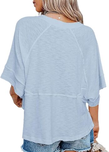 Women's Fashion Casual T Shirt Round Collar 3/4 Sleeve Plain Color Tees Summer Tops Blouses in Saudi Arabia