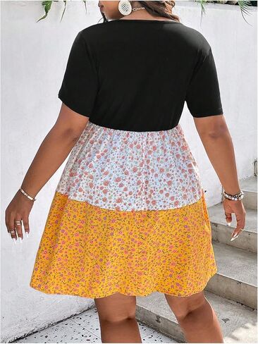 فستان نسائي قصير من SOLY HUX بمقاس كبير وطبعة زهور ورقبة على شكل حرف V وأكمام قصيرة صيفي على شكل حرف A in Kuwait