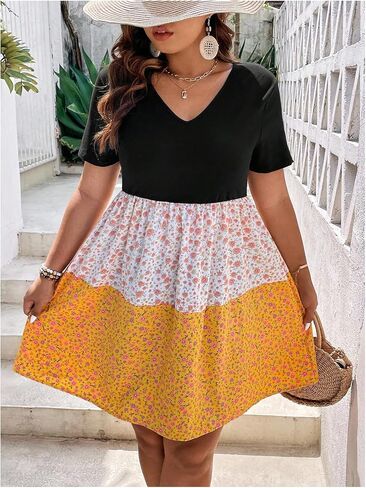 فستان نسائي قصير من SOLY HUX بمقاس كبير وطبعة زهور ورقبة على شكل حرف V وأكمام قصيرة صيفي على شكل حرف A in Kuwait