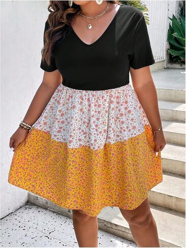 فستان نسائي قصير من SOLY HUX بمقاس كبير وطبعة زهور ورقبة على شكل حرف V وأكمام قصيرة صيفي على شكل حرف A in Kuwait