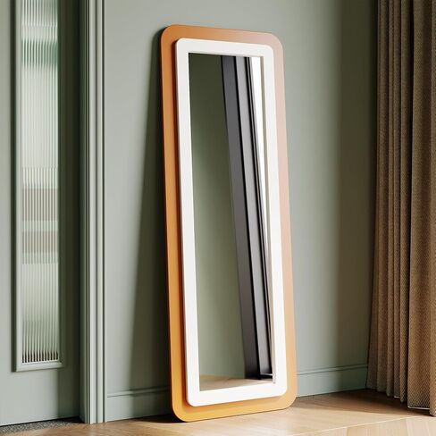 Honyee 63"x22" Full Length Mirror, Rectangular Floor Mirror with Standing Holder, Wooden-Frame Wall Mirror for Cloakroom/Bedroom/Living Room, Orange in Saudi Arabia