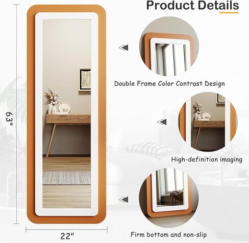 Honyee 63"x22" Full Length Mirror, Rectangular Floor Mirror with Standing Holder, Wooden-Frame Wall Mirror for Cloakroom/Bedroom/Living Room, Orange in Saudi Arabia