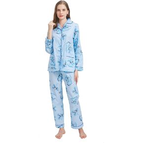 Women's 100% Cotton Pajama Set For Women Long Sleeve Soft Button Pajamas Elastic Drawstring PJs
