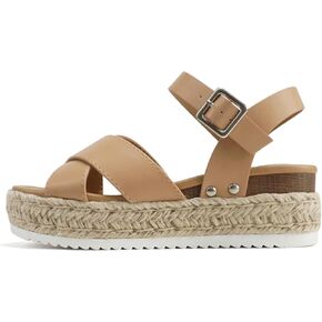 Soda “FIRELY" ~ Women Round Toe Crisscross Band Platform Espadrille Wedge Sandal with Adjustable Ankle Strap