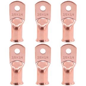 Glarks 6Pcs 2/0x1/4'' Copper Wire Lugs UL Listed Battery Cable Closed Ends Bare Copper Eyelets Tubular Ring Terminal Connectors