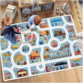 Kids Car Rug Play Mat Educational City Life Road Traffic Rug for Playroom Toddler Kids Room Bedroom Decor, Non-Slip Activity Floor Mats for Boy Girl(Lblue rug,2.6x3.9ft)