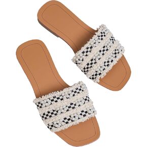 GORGLITTER Women's Faux Pearls Decor Flat Sandals Color Block Open Toe Leather Slide Sandals
