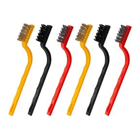 Small Wire Brush 2 Set of 3 Pcs - Wire Brushes for Cleaning Rust, Dirt, Paint - Wire Brushes of Stainless Steel/Nylon/Brass Bristles - Metal Brush for Cleaning Small Parts & Spaces with Curved Handle