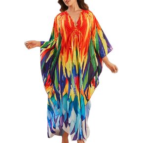 EDOLYNSA Caftan for Women Plus Size Butterfly Print Kaftan Dresses Long Bathing Suit Cover-ups Beach Outfit Loose Loungewear