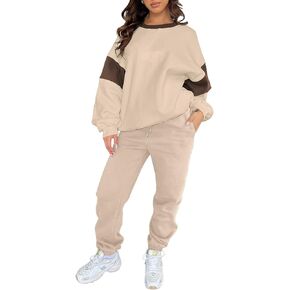 Herseas Womens Two Piece Outfits Long Sleeve Color Block Crewneck Tracksuit Fall Trendy Lounge Set