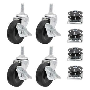 1-1/2" Square Metal Double Star Caster Insert | 3/8-16 Threaded Stem | 2" Wheel Diameter Industrial Casters | 4 with Brakes by Outwater